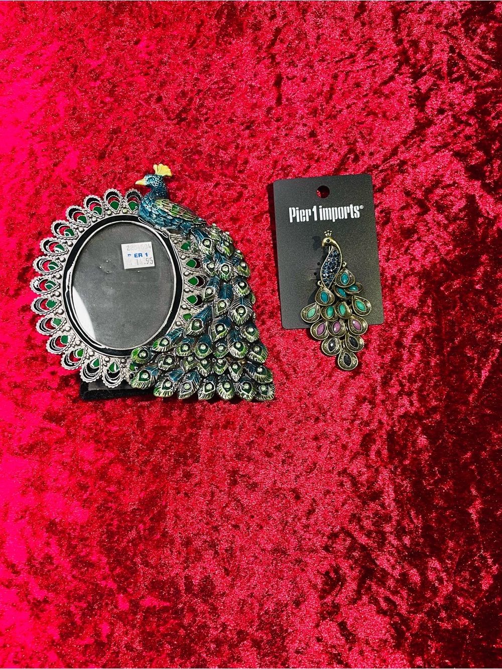 Vintage NWT Pier 1 Peacock Picture Frame and Peacock Brooch- Blue Green